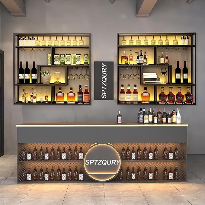 59.1in Large Wall Mounted Wine Rack, 4 Tier Wall Mount Bottle Rack with Glass Holder, Industrial Metal Floating Bar Liquor Bottles Display Storage Shelf for Dining Room, Kitchen (Gold, Right ,59.1in)