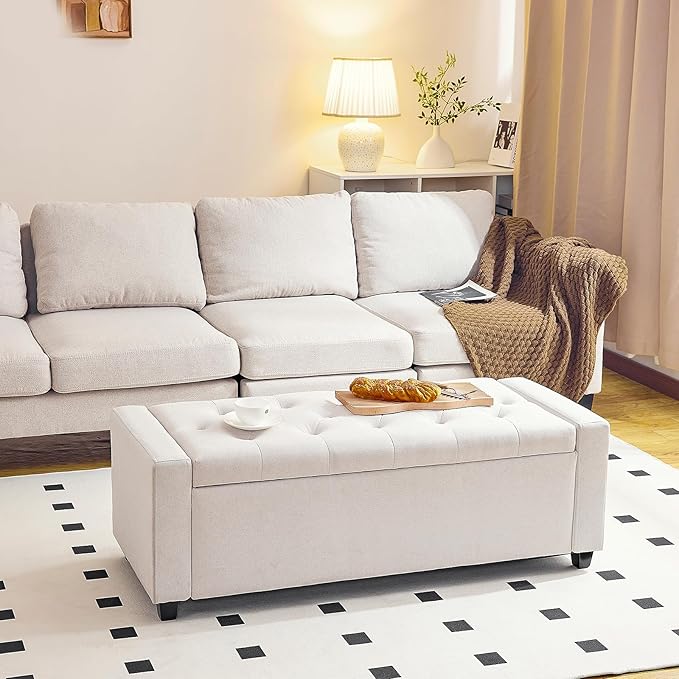 Redlife 48in Ottoman Bench with Storage, End of Bed Storage Bench, Button Tufted Bedroom Bench with Safety Hinges, Large Ottoman for Bedroom, Living Room, Entryway (Beige)