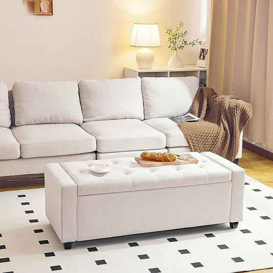 Redlife 48in Ottoman Bench with Storage, End of Bed Storage Bench, Button Tufted Bedroom Bench with Safety Hinges, Large Ottoman for Bedroom, Living Room, Entryway (Beige)
