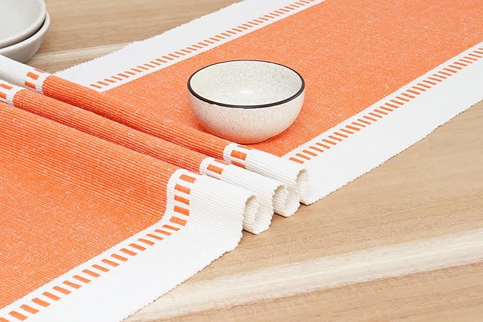 PurpleEssences Table Runner - Wide with Dobby Stripe, Heavy Ribbed Weave & Double Knot Fringes, 14x90 Inch (14x95.5 with Fringes) Boho Farmhouse Decor - Christmas Holiday Winter - Orange and H.White