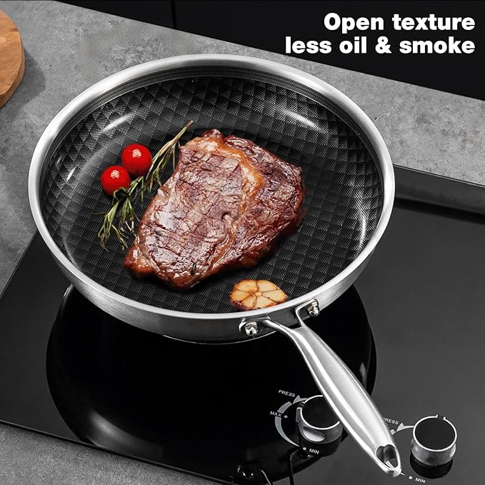 DELARLO 10 inch Tri-Ply Stainless Steel Frying Pan With Lid, Nonstick Omelette Pans, Small Egg Pan Durable Chef's Pan,Induction Kitchen Skillets, Compatible with All Cooktops, Up to 600℉