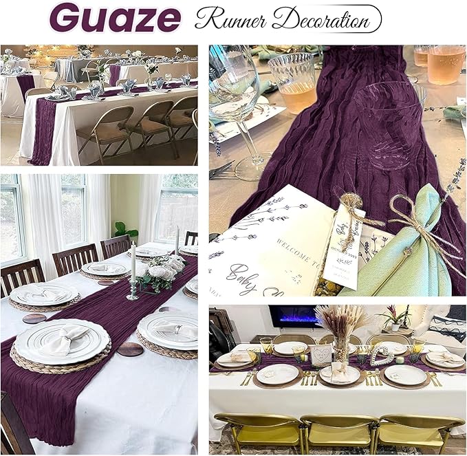 4 Pack Dark Purple Cheesecloth Table Runner 20 x 120 inch Gauze Table Runners 10 FT Long,Semi Sheer Boho Cheese Cloth Fabric Table Runner Bulk for Party,Wedding,Baby Shower,Bridal Shower Decoration