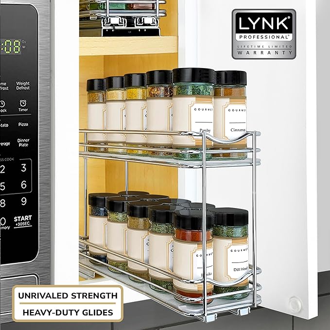 LYNK PROFESSIONAL짰 Pull Out Spice Rack Organizer for Inside Kitchen Cabinets - 4-3/8 inch Wide - Slide Out Drawer ??Chrome Sliding Spice Cabinet Organization Shelf Racks - 2 Tier
