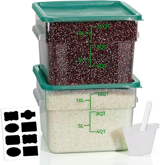 12QT NSF Food Storage Containers: 2 PCS [Food Grade][Hot&Cold Resistant] Commercial Clear Square Food Storage Containers with Scales Handles for Home Restaurant Kitchen Proof Dough(BPA FREE-GREEN N1)