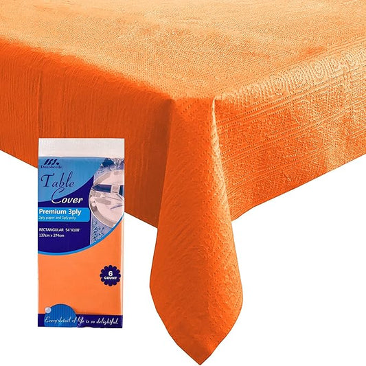 [6 Pack] Orange Paper Tablecloth Disposable for Rectangle Tables, 54 X 108 Inch Party Table Cover with Plastic Backing, Waterproof 3 Ply Table Cloth for Thanksgiving Halloween Fall Harvest Day