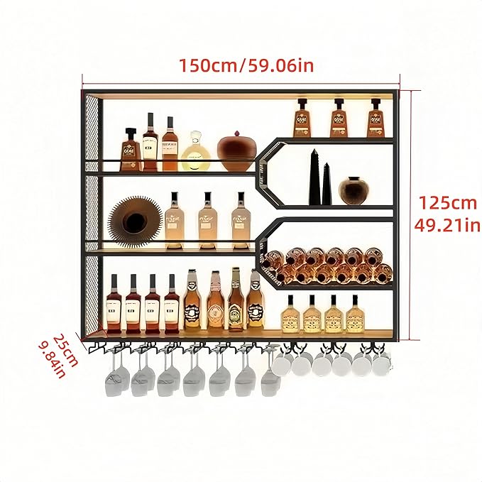 4-Tier Wine Rack Wall-Mounted & 59Inch Large Bar Shelf for Liquor Bottles, Black Metal Storage for Wine and Liquor Bottles in Home Bars or Dining Rooms (No Lighting, Left)