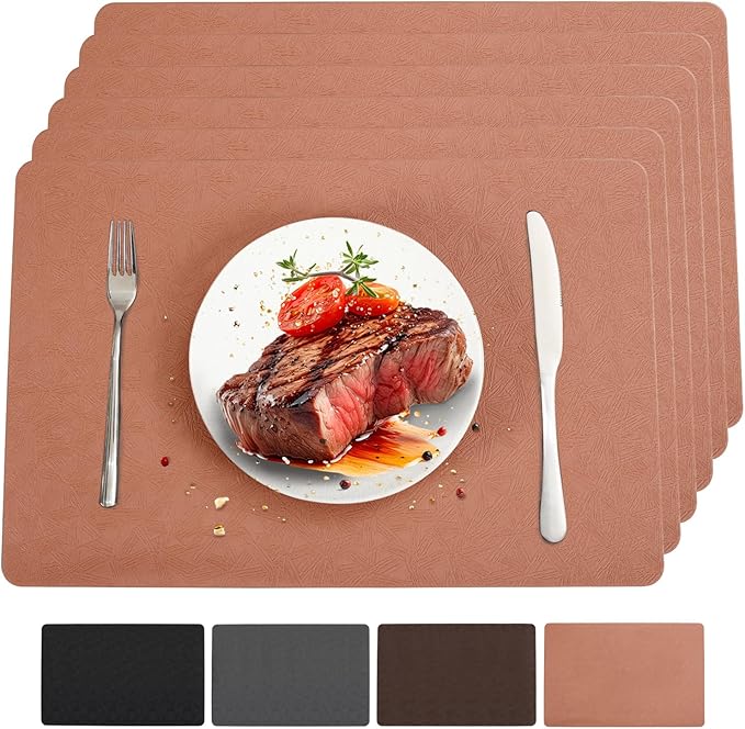 Bxzandya Vinyl Placemats Set of 6 Heat Resistant Easy Clean Non-Slip Place Mats for Dining Table. Faux Leather Waterproof Stain Resistant Wipeable Washable PU Table Mats(6, Coral)