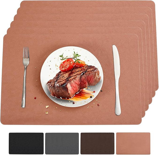 Bxzandya Vinyl Placemats Set of 6 Heat Resistant Easy Clean Non-Slip Place Mats for Dining Table. Faux Leather Waterproof Stain Resistant Wipeable Washable PU Table Mats(6, Coral)