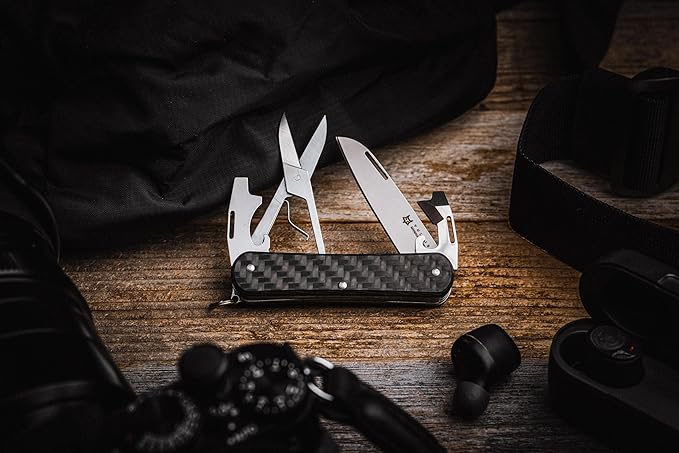 Fox Knives Vulpis FX-VP130-F4 Slipjoint Folding Knife 4-in-1 Multitool 2.17in Blade, Bottle Opener, Can Opener, Flat Head Screwdriver, Scissors - Compact Versatile Pocket Knife (Carbon Fiber)