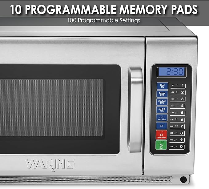 Waring Commercial WMO120 Heavy Duty Microwave Oven, 1.2 Cubic Feet, 10 Programmable Memory Settings, 5 Power Levels, Stainless Steel Construction, 208/230V, 1800W Dual Magnetrons, 6-15 Phase Plug