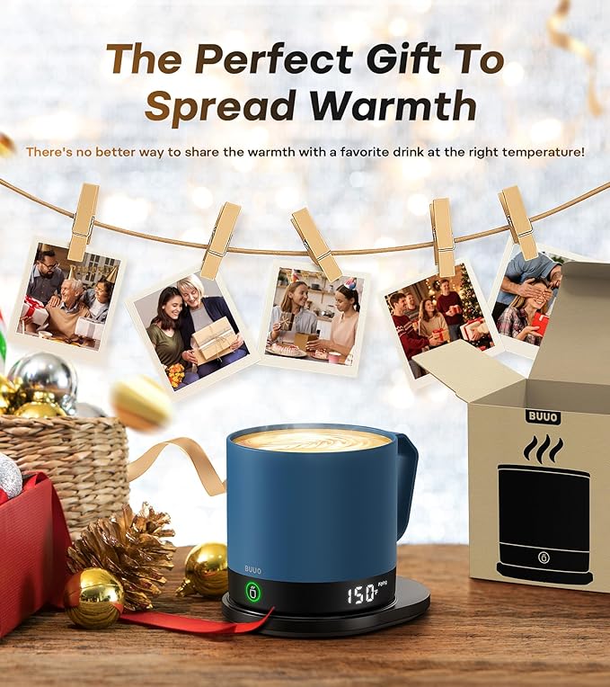 Heated Coffee Mug Rechargeable - Temperature Control Self Heating Coffee Mug 14oz with Lid, Double Sided & Real-Time LED Display, Hot up to 150?? Birthday Gifts for Women and Men(Blue)