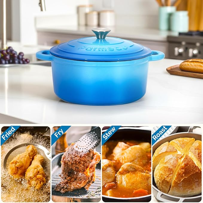 Parmedu 5.5 Quart Enameled Cast Iron Dutch Oven Pot with Lid, Heavy-Duty, Oven Safe up to 500째 F & Across All Cooktops, Perfect for Bread Baking, Stews, Braising & Roasting, Ocean Blue