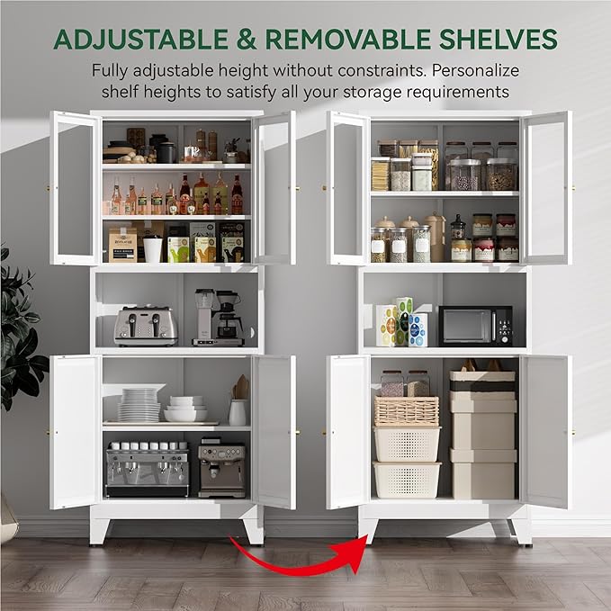 COFaR 69" Tall Modern Kitchen Pantry,Metal Storage Cabinet with Shelves 竊?Glass Doors for Display,Pantry Storage Cabinet,Freestanding Cupboard for Kitchen,Dining Room,Living Room,Bathroom,White