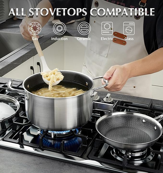 KOCH SYSTEME CS Triply Stainless Steel Pot 6 Quart, Nonstick Hybird 18/10 Stainless Steel Stock Pot with Lid, Nonstick Cooking Pots with Honeycomb Interior, Compatible with All Cooktops, Oven Safe