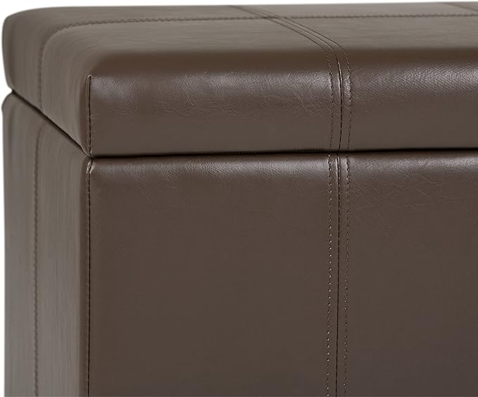 SIMPLIHOME Dover Storage Ottoman Bench - 36 inch Wide Upholstered Vegan Leather Rectangular Lift-Top Ottoman in Chocolate Brown, Contemporary Bench for Living Room with Safety Hinges