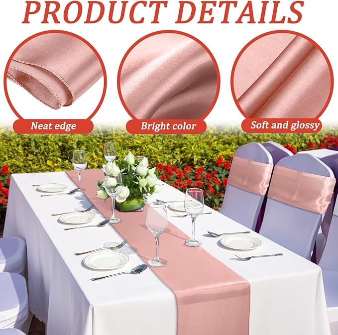 Bencailor 24 Pcs Light Pink Satin Table Runner Bulk 12 x 108 Inches Long Table Runners Bright Smooth Fabric Tablecloth for Wedding Banquet Birthday Valentines St Patrick's Day Party Decorations