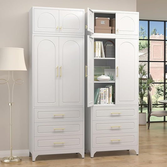 Kitchen Pantry Cabinet竊?0" Storage Cabinets with Doors and Shelves,Metal Pantry Cabinet with 3 Drawers,White Kitchen Cupboard for Livingroom,Pantry, Bathroom