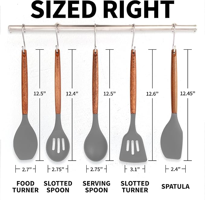 Zulay Kitchen Utensils Set Non-Stick Silicone Cooking Utensils Set with Authentic Acacia Wood Handles - 5 Piece Silicone Utensil Set - Kitchen Utensils Set with 464째F Heat Resistance - Gray