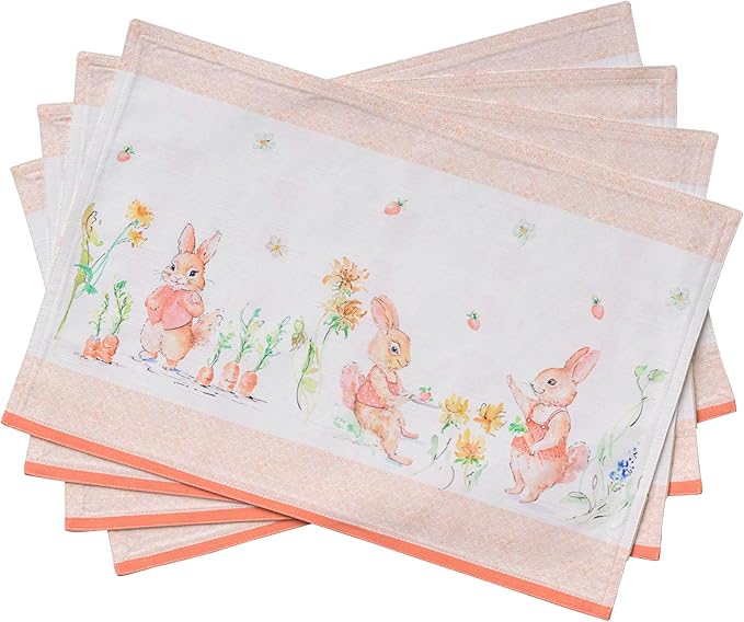 Maison d' Hermine Placemats Set of 2 100% Cotton Washable Cloth Place Mats, Reusable Table Mats for Kitchen Dining Decoration, Party, Wedding, Restaurant Spring/Summer (Bunny Party, 13" x 19")