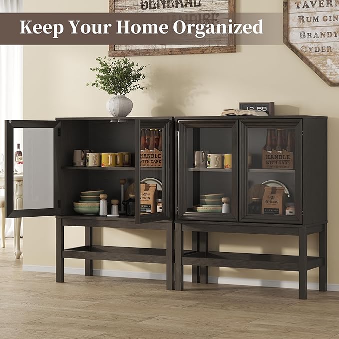 Sideboard Buffet Cabinet with Storage, Small Kitchen Coffee Wine Bar Cabinet with Glass Press-to-Open Doors, Wood Mid Century Modern Side Board Table for Dining Room, Living Room