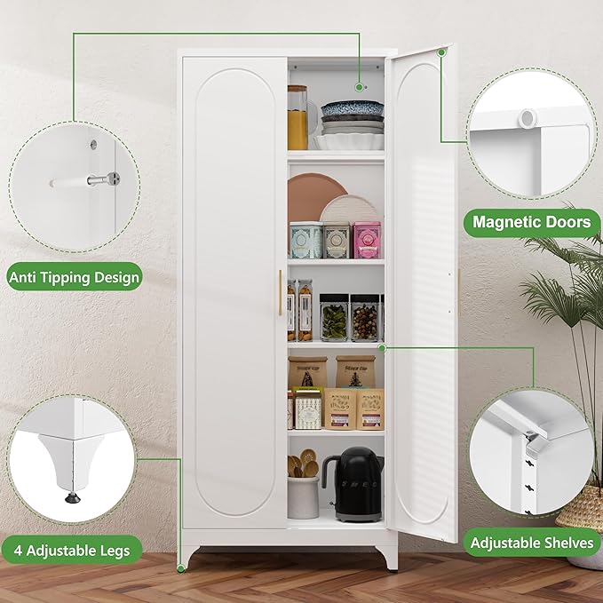 75??Tall Kitchen Pantry Cabinet,Metal Storage Cabinet with Doors and Adjustable Shelves,Modern Kitchen Hutch Cabinets,Freestanding Cupboard for Dining Living Room