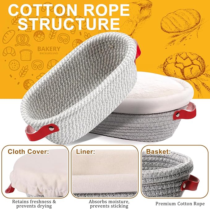 Cotton Rope Banneton Bread Proofing Basket 10 Inch Oval & 9 Inch Round Banneton Basket Set of 4 Sourdough Bread Baking Supplies with Liner & Cover