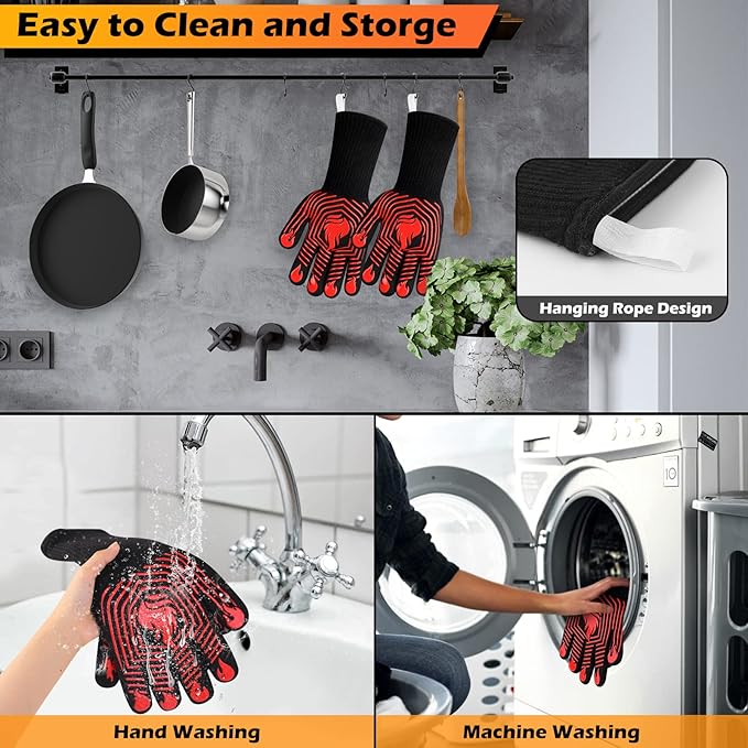 BBQ Gloves, 1472째F Heat Resistant Gloves Fireproof Mitts, Grilling Gloves Silicone Non-Slip Washable Oven Glove, Kitchen Glove for Barbecue, Grilling, Cooking, Baking, Camping, Smoker (Red)
