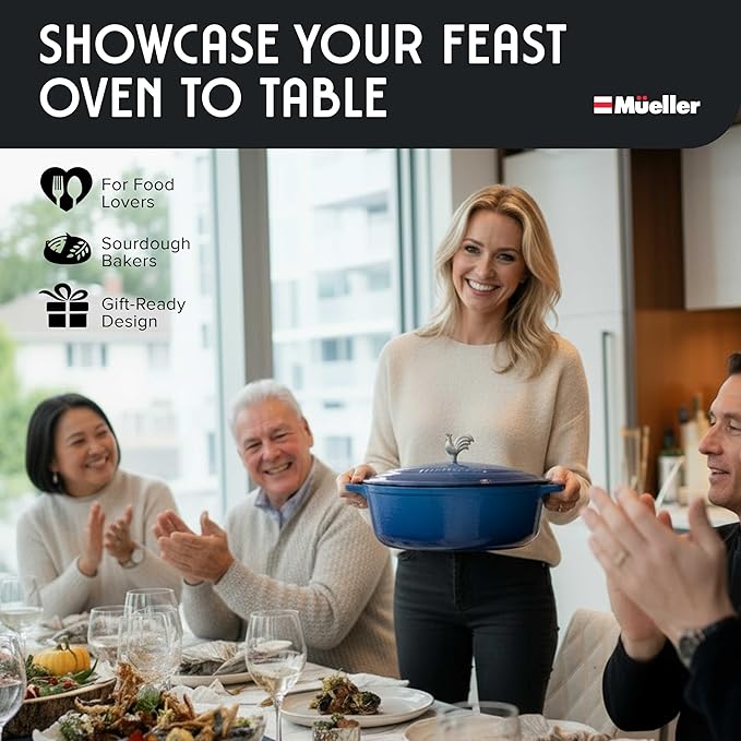 MUELLER HOME 5.5 Quart Enameled Cast Iron Oval Dutch Oven w Rooster Knob & Cotton Potholders, Heavy-Duty Cookware, Oven-Safe up to 500째 F & Across All Cooktops, Gifts for Grandma & Women, Aqua Blue