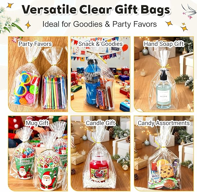 PigPotParty Cellophane Bags 8"x11", 50 Pack Clear Gift Bags, Bottom Gusset for Stand-Up Display, Plastic Cellophane Gift Wrap, Ideal for Goodies, Treats, Party Favors, Mugs, Includes 50 Ties