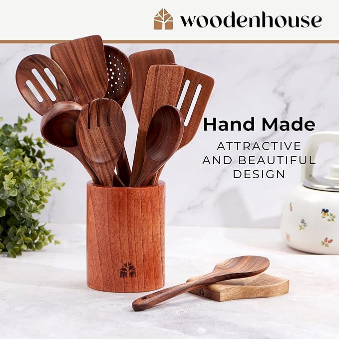 Wooden Spoons for Cooking ??Wooden Cooking Utensils Set with Holder, Spoon Rest & Hooks, Teak Wood Nonstick Kitchen Cookware ??Durable Set of 12pcs by Woodenhouse