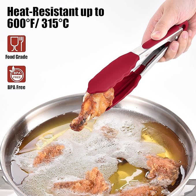 Doosu Kitchen Tongs for Cooking - 600째F Heat Resistant Food Tong with Non-Scratch Silicone Tips, Heavy Duty Stainless Steel Locking Tong for BBQ, Grilling Steak, Serving Salad, Pasta (7in, Red)