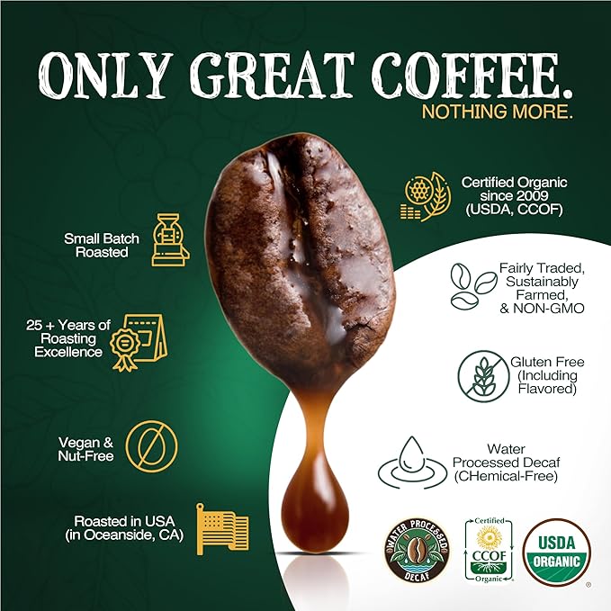 The Bean Organic Coffee Company Water Processed DECAF Caramel, Medium Roast, Ground Coffee, 16-Ounce Bag, Caf챕 Molido Tostado Org찼nico descafeinado
