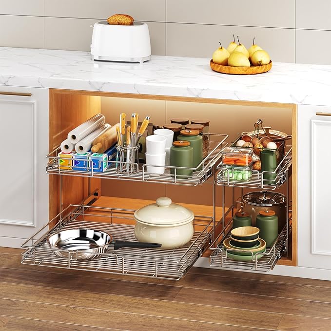 2 Tier Individual Pull Out Cabinet Organizer 30" W x 21쩍" D, Heavy Duty Cabinet Pull Out Shelves, Slide Out Drawers Organization for Kitchen Cabinets Bathroom