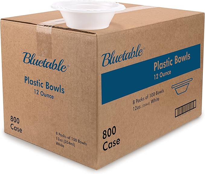 Bluetable Disposable Bowls 12 oz Bulk Case Pack (800 Count) Plastic Bowl White ??Heavy Duty Bowls for Hot Soup Microwave Safe Paper Alternative Large Bowls Bulk [800 Pack/Case]