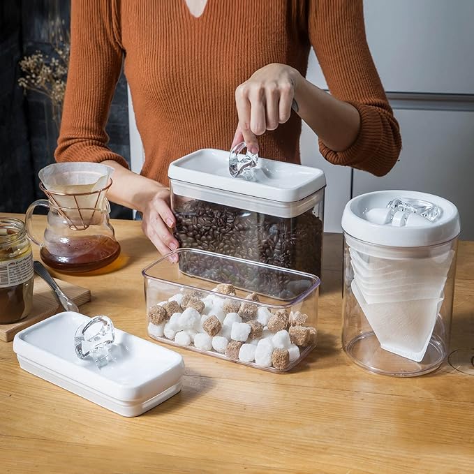 Felli Flip Tite Storage Container with Lid 4??RECTANGULAR Airtight Ring Flip Top, Stackable Kitchen Counter Pantry Organizer Acrylic Canister Jar for Pasta Spaghetti Cereal Granola Coffee (1.9qt)