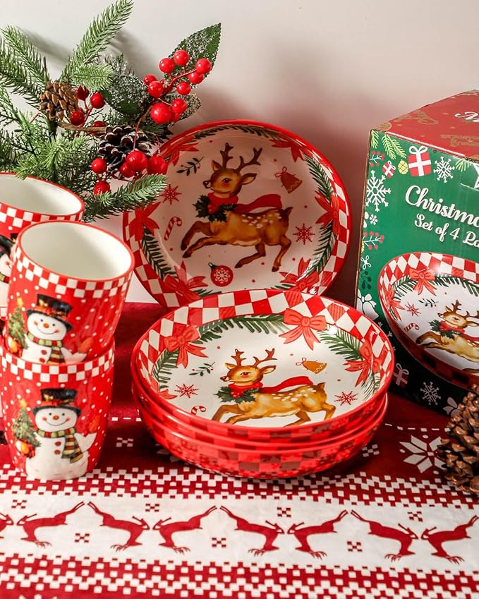 HASENSE Christmas Dishes,42OZ Pasta Bowl Set of 4, Ceramic Soup Bowl for Holiday Serving, Christmas Gifts for Women,Family, Friends,Seasonal Table D챕cor, and Winter Family Meals, Colorful