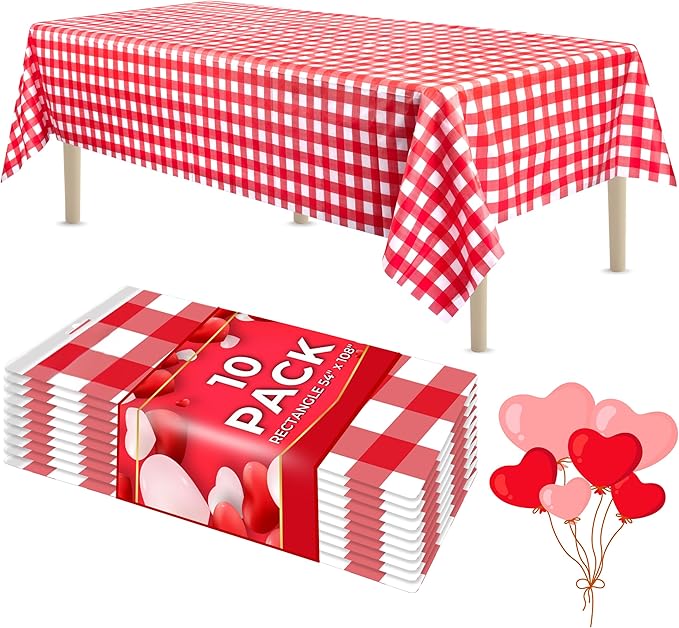 LEMON + Co. Red Gingham Rectangle Table Cover Disposable Plastic Tablecloth 54 Inch. x 108 Inch. Premium Decorative Rectangle Table Cover 10 Pack