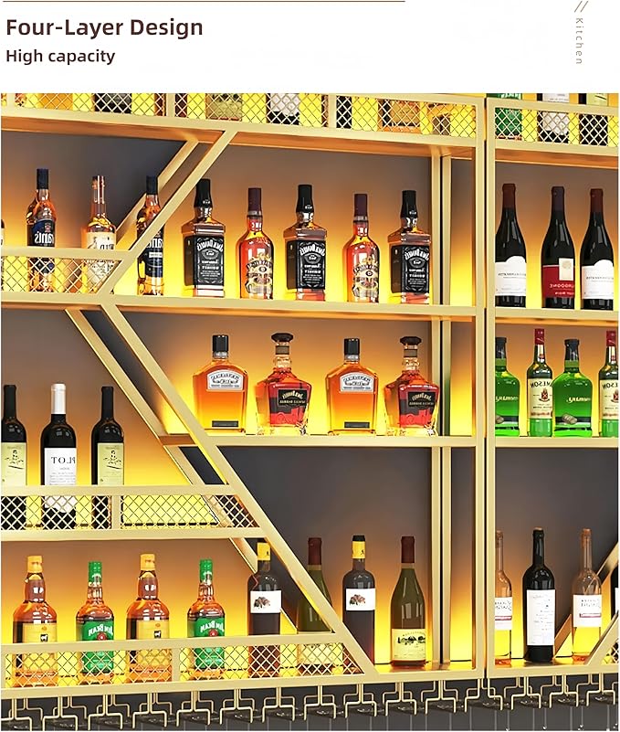 79 Inch 4 Tier Metal Wine Rack Wall Mounted, Modern Bar Shelves Wall Mounted Wine Rack with LED Light, Liquor Shelf Wall Mounted, Bar Shelves for Liquor Bottles (Gold with Warm Led, 79-4 Tier)