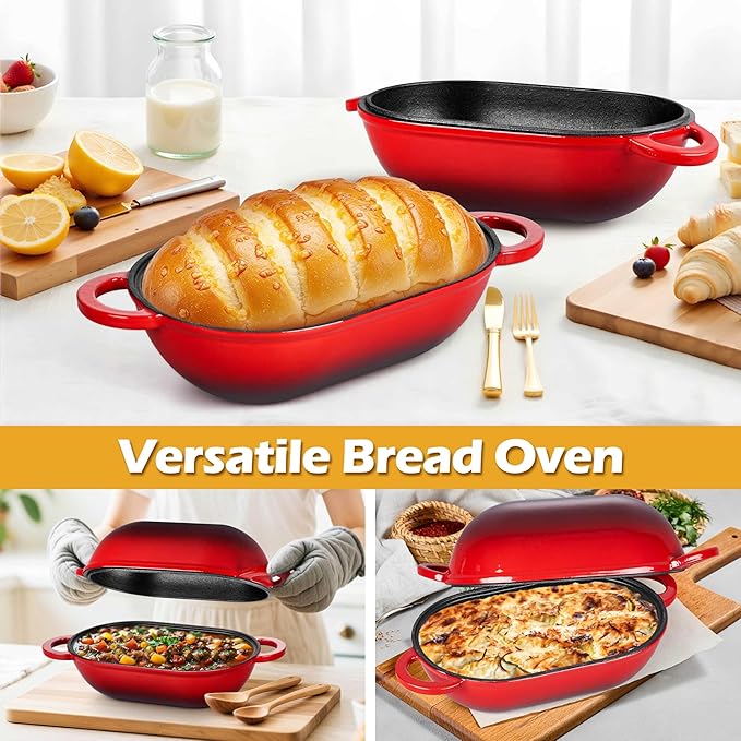 Homikit Enameled Cast Iron Dutch Oven for Bread Baking, 2.8 QT Oval Bread Oven Pot with Lid, Sourdough Loaf Iron Dutch Oven Pan for Roasting Cooking, Red & Heavy Duty