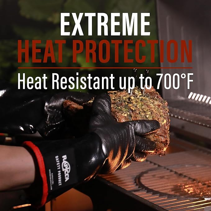 RAPICCA 700째F Heat Resistant BBQ Grill Gloves: Oil Resistant Waterproof for Smoking Grilling Cooking Barbecue Deep Frying Turkey Rotisserie Handling Hot Greacy Meat Stocking Stuffers - Long Sleeve