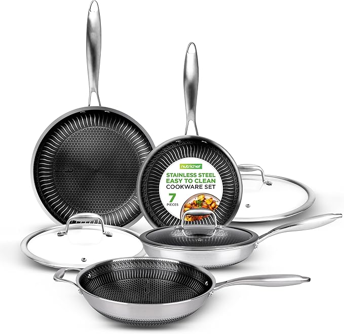 NutriChef 7-Piece Tri-Ply Stainless Steel Frying Pan Set & Wok ??Nonstick, Induction Compatible, Oven Safe, Scratch-Resistant, Dishwasher Safe
