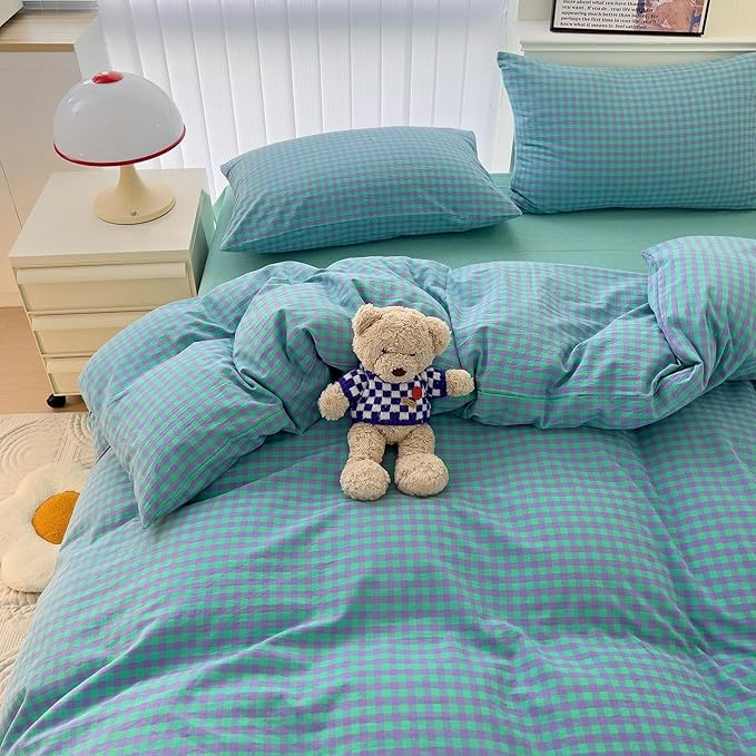 LifeTB Green Gingham Comforter Set King Modern Style Checkered Pattern Comforter Set Fluffy 3 Pieces Green Purple Grid Bed Comforter with 2 Pillowcases Lightweight Gingham Plaid Bedding Set King