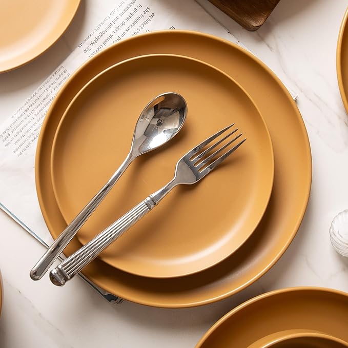 Furrnook 12-Piece Stoneware Dinnerware Set with Mugs | Microwave and Dishwasher Friendly | Stackable Matte Glaze Plates & Bowls | Service for 3 (Orange for 4)