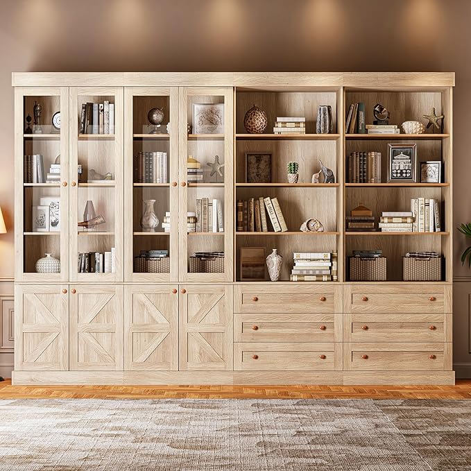 71" Tall Farmhouse Kitchen Pantry, Large Storage Cabinet with Glass Doors, Adjustable Shelves, 3 Drawer, Wood Versatile Hutch Cabinet for Dining Room, Living Room, Brown 4 PCS