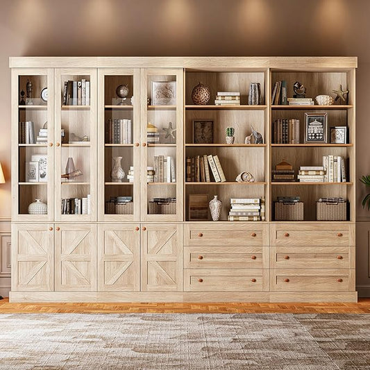 71" Tall Farmhouse Kitchen Pantry, Large Storage Cabinet with Glass Doors, Adjustable Shelves, 3 Drawer, Wood Versatile Hutch Cabinet for Dining Room, Living Room, Brown 4 PCS