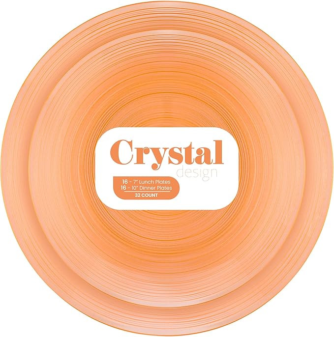 PLASTICPRO 64 Pieces Crystal Design Plastic Plates Combo Pack 7 inch and 10 inch Gold Rim Elegant Disposable Plates, Transparent Peach