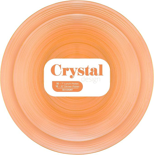 PLASTICPRO 64 Pieces Crystal Design Plastic Plates Combo Pack 7 inch and 10 inch Gold Rim Elegant Disposable Plates, Transparent Peach