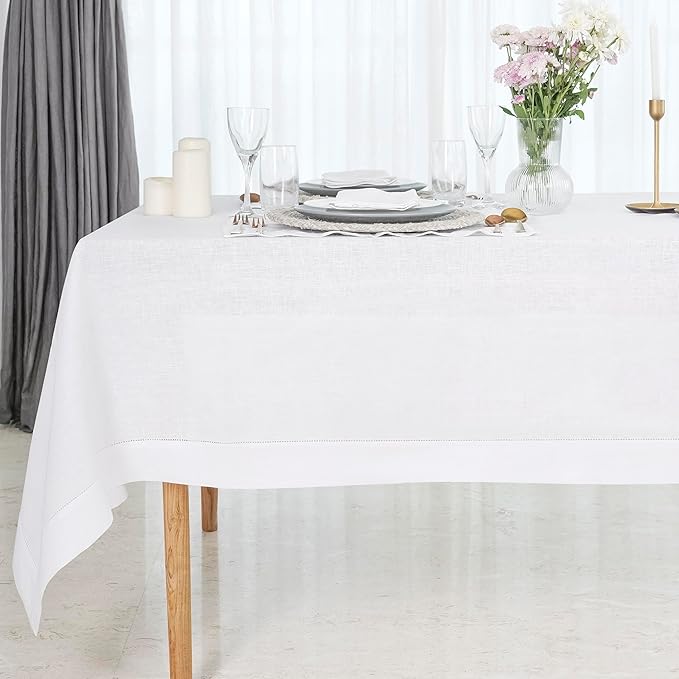 D'Moksha Homes White Linen Tablecloth for Rectangle Tables 60 x 84 Inch - Classic Hemstitch 100% Pure Linen White Table Cloth - Machine Washable Dining Tablecloth for Christmas, Holiday, New Year