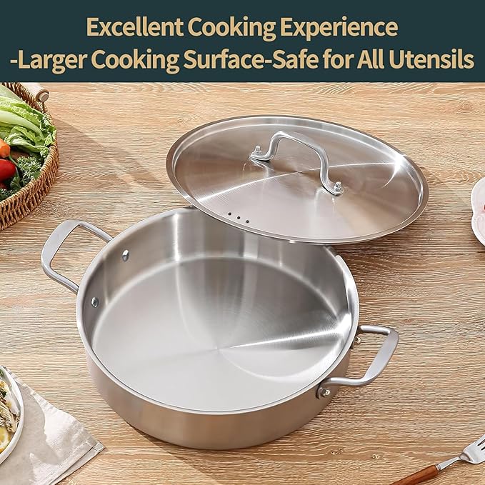 Saute Pan, 7 Quart Tri-Ply Stainless Steel Saute Pan, 12inch Deep Frying Pan with Lid, Saute Skillet, Rondeau Pot with Lid Compatible with All Cooktops Up to 600℉