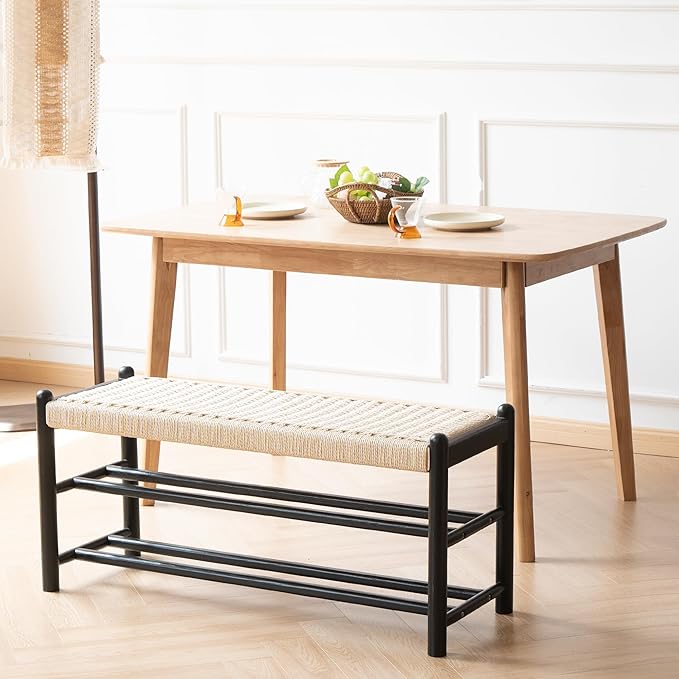 XINNAN Solid Wood Entryway Bench with Shoe Storage, Rustic Oak Wood and Woven Design 39.4 Inch Long Seating for Living and Dining Rooms, 3-Tier Black